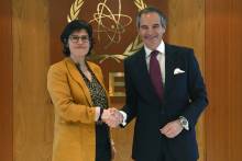 Rafael Mariano Grossi, IAEA Director General, met with HE Ms. Tinne Van der Straeten, Minister of Energy of Belgium during her official visit to the Agency headquarters in Vienna, Austria. 15 May 2023