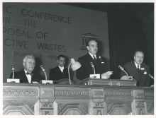 A scientific conference on the disposal of radioactive waste held in Monaco by IAEA and UNESCO. On the podium from left to right: William Sterling Cole (IAEA Director General), H.S.H. Prince Rainier of Monaco and Vittorino Veronese (UNESCO Director General). 1959. Please credit IAEA.
