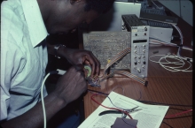 Training to enhance repair and maintenance procedures and thereby improve the infrastructure on which research programmes depended, as the frequent breakdown of electronic equipment in developing countries due to an erratic electric supply was a hindrance to the use of advanced techniques and could be very damaging to microprocessor-based equipment. 1984-1986. Please credit IAEA/DAGLISH James
