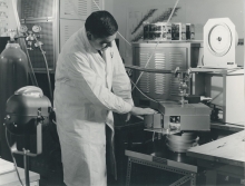 Staff member, Maurice Petel at the X-ray proportional counter in the lead house used for the standardization of electron capture nuclides.  April 1964. Please credit IAEA