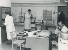 Laboratory at IAEA Headquarters in Vienna. Left to Right: Dr. Otto Suschny, Mr. Johannes Veselskyj and Professor Alexandre Sanielevici of the Division of Research and Laboratories.  2 February 1960. Please credit IAEA  