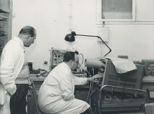 Professor Alexandre Sanielevici (left),  Dr. Erich Keroe (right), both of the Division of Research and Laboratories. 2 February 1960.  Please credit IAEA 