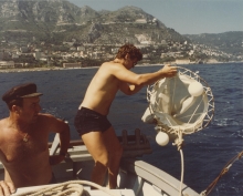 Researchers from the Environment Laboratories sample zooplankton using a ring trawl offshore Monaco. 1975-1981.  Please credit IAEA