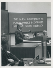 Henry Seligman, IAEA Deputy Director General, opening the 2nd Fusion Energy Conference in the Culham Lecture Theatre at Culham Laboratory, United Kingdom, 6 September 1965. 
Beyond him, John Cockcroft, 1951 Nobel Prize winner in Physics; John B. Adams, Director of Culham Laboratory; and Hannes O.G. Alfven, 1970 Nobel Prize winner in Physics. 
(IAEA Archives/Credit: UKAEA, United Kingdom)