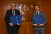 Rafael Mariano Grossi, IAEA Director General and HE Mr Gerhard Küntzle, Resident Representative of Germany to the IAEA, met as they signed three agreements on voluntary extra-budgetary financial contributions. Germany's contributions will support activities in the field of nuclear verification, nuclear security and the implementation of the Marie Sklodowska-Curie Fellowship Programme. IAEA Vienna, Austria. 14 December 2020. 