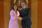 Rafael Mariano Grossi, IAEA Director General, met with HE Ms. Laura Gil, Resident Representative of Colombia to the IAEA, during the ambassador’s farewell courtesy visit to the Director-General at the Agency headquarters in Vienna, Austria. 9 July 2025