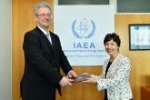 The new Resident Representative of Ukraine to the IAEA, HE Mr Yevhenii Tsymbaliuk, presented his credentials to Mary Alice Hayward, Acting Director General and Head of the Department of Management at the IAEA headquarters in Vienna, Austria, on 23 July 2019.