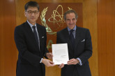 The new Resident Representative of Japan to the IAEA, HE Mr. Kaifu Atsushi, presented his credentials to IAEA Director General Rafael Mariano Grossi, at the Agency headquarters in Vienna, Austria. 13 November 2023


