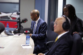 IAEA Director General Yukiya Amano takes part in a phone-in programme on Power FM radio in Johannesburg during his official visit to South Africa. On the left is Ambassador Tebogo Joseph Seokolo, Resident Representative of the Republic of South Africa to the IAEA. 11 May 2016.