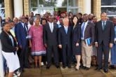 IAEA Director General Yukiya Amano poses for a group photo together with the Mr Patrick Ralotsia, Minister of Agriculture and Food Security the staff of the National Veterinary Laboratory, during his official visit to Botswana. 26 January 2018
