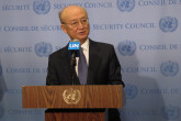 IAEA Director General Yukiya Amano briefs the press after the Security Council meeting on Non-proliferation during his official visit to United Nations New York. 2 April 2019. 