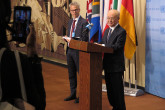 IAEA Director General Yukiya Amano briefs the press after the Security Council meeting on Non-proliferation during his official visit to United Nations New York. 2 April 2019. Far left, Fredrik Dahl, IAEA Section Head (Media, Multimedia and Public Outreach) Office of Public Information and Communication.