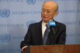 IAEA Director General Yukiya Amano briefs the press after the Security Council meeting on Non-proliferation during his official visit to United Nations New York. 2 April 2019. 