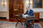 IAEA Director General Yukiya Amano signs Secretary Pompeo's guestbook before their meeting at the U.S. Department of State in Washington, D.C., on April 3, 2019. 

State Department photo by Ron Przysucha/ Public Domain