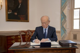 IAEA Director General Yukiya Amano signs Secretary Pompeo's guestbook before their meeting at the U.S. Department of State in Washington, D.C., on April 3, 2019. 

State Department photo by Ron Przysucha/ Public Domain