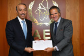 HE Sultan Salmeen Almansouri, Resident Representative of the State of Qatar to the IAEA, presented a congratulatory letter from HE Sheikh Mohammed Bin Abdulrahman Al-Thani, Deputy Prime Minister and Minister of Foreign Affairs, to IAEA Director General Rafael Mariano Grossi on his appointment as Director General of the International Atomic Energy Agency. Vienna, Austria, 10 January 2020.