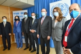 Rafael Mariano Grossi, IAEA Director General, International Atomic Energy Agency together with the other Heads of the Vienna-Based Organizations, Ghada Waly, Director General of the United Nations Office in Vienna and Executive Director of the United Nations Office on Drugs and Crime, Li Yong, Director General, United Nations Industrial Development Organization and Lassina Zerbo, Executive Secretary, Comprehensive Nuclear-Test-Ban Treaty Organization, Melissa Fleming, UN Under-Secretary-General for Global Communications and HE Mr. Mansoor Ahmad Khan, Resident Representative of Pakistan to the IAEA, welcomes His Excellency Mr Alexander Schallenberg, Federal Minister for European and International Affairs of the Republic of Austria upon his arrival at the Vienna International Centre, Vienna, Austria. 26 June 2020