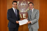Rafael Mariano Grossi, IAEA Director General, receives a hand-over letter from the Minister of Foreign Affairs of Lebanon delivered by HE Mr. Ibrahim Assaf, Resident Representative of Lebanon to the IAEA during his official visit to the Agency headquarters in Vienna, Austria. 21 July 2020.