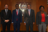 Rafael Mariano Grossi, IAEA Director General, met with Emmanuel Sinzohagera, President of the Senate of Burundi, and Sabine Ntakarutimana, Premier Vice President of the National Assembly of Burundi during their official visit at the Agency headquarters in Vienna, Austria. 6 September 2021. Far right, HE Mr. Janos Bocsanczy, Resident Representative of Burundi to the IAEA