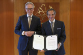 Rafael Mariano Grossi, IAEA Director General, met with Carl Hallergard, Head of Delegation to the International Organizations in Vienna, EU Ambassador to the UN in Vienna, and Permanent Representative to IAEA, presented his credentials during a courtesy visit to the Director-General at the Agency headquarters in Vienna, Austria. 8 September 2023