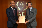 HE Mr. Sultan Salmeen Almansouri, Resident Representative of Qatar to the IAEA, hands over the Accession of the State of Qatar to the Convention of the Nuclear Safety document signed by HH The Emir of the State of Qatar to Rafael Mariano Grossi, IAEA Director General, during his official visit to the Agency headquarters in Vienna, Austria. 14 December 2020