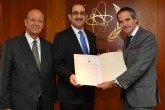 HE Mr. Bassam Sabbagh, Resident Representative of Syria to the IAEA, deposits Syria’s Instrument of Accession to the Convention on the Physical Protection of Nuclear Material (CPPNM) and ratification of its Amendment with Rafael Mariano Grossi, IAEA Director General at the Agency headquarters in Vienna, Austria. 5 December 2019. Far left, Dr Ibrahim Othman, Director General, Atomic Energy Commission of Syria.