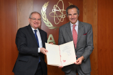 HE Mr. Benno Laggner, Resident Representative of Switzerland to the IAEA, deposits Switzerland’s Instrument of Ratification to Rafael Mariano Grossi, IAEA Director General, during his official visit at the Agency headquarters in Vienna, Austria. 7 January 2022