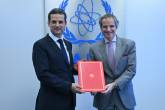 HE Mr. Ibrahim Assaf, Resident Representative of Lebanon to the IAEA, deposits the Instrument of Acceptance of the Agreement on the Privileges and Immunities of the IAEA with Rafael Mariano Grossi, IAEA Director-General during his official visit to the Agency headquarters in Vienna, Austria. 13 April 2022.