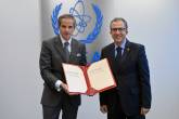 HE Mr. Azzeddine Farhane, Resident Representative of Morocco to the IAEA, deposits Morocco’s instruments of ratification of the Vienna Convention on Civil Liability for Nuclear Damage and the Joint Protocol Relating to the Application of the Vienna Convention and the Paris Convention to IAEA Director-General Rafael Mariano Grossi during his official visit at the Agency Headquarters in Vienna, Austria. 6 May 2022