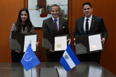 HE Ms. Adriana Mira, Vice-Minister of Foreign Affairs of El Salvador, together with Mr Daniel Alejandro Álvarez Campos, Director General of Energy, Hydrocarbures and Mines (DGEHM), deposits, first, the Agreement on the Privileges and Immunities of the IAEA (P&I Agreement), second, the Convention of Nuclear Safety (CNS) and lastly, the 1963 Vienna Convention on Civil Liability for Nuclear Damage (63 Vienna Convention) with Rafael Mariano Grossi, IAEA Director-General during her official visit to the Agency headquarters in Vienna, Austria. 22 March 2024.
