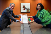Rafael Mariano Grossi, IAEA Director-General, met with HE Ms. Maimounata Quattara, Resident Representative of Burkina Faso to the IAEA, as she deposited the Instrument of Acceptance of the Agreement on the Privileges and Immunities of the IAEA during her official visit to the Agency headquarters in Vienna, Austria. 28 March 2025.