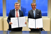 Rafael Mariano Grossi, IAEA Director General and Mr. Manuel Otero, Director General IICA, sign the Memorandum of Understanding between the International Atomic Energy Agency and Inter-American Institute for Cooperation on Agriculture on Cooperation in the Area of Food and Agriculture through the Atoms4Food Initiative at the Agency headquarters in Vienna, Austria. 13 January 2025.