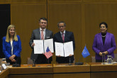 Rafael Mariano Grossi, IAEA Director-General, and Chris McKee, Senior Vice President, Strategy and Business Development, sign the Agreement between the International Atomic Energy Agency and the University of Texas M. D. Anderson Cancer Center concerning the Designation of the University of Texas M. D. Anderson Cancer Center as an “International Atomic Energy Agency Collaborating Centre. IAEA, Vienna, Austria. 30 January 2024. 