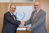The new Resident Representative of Spain, Ambassador Senén Florensa Palau (left), presented his credentials to  Aldo Malavasi (right), IAEA Acting Director General and Head of the Department of Nuclear Sciences and Applications at the IAEA headquarters in Vienna, Austria, on 29 August 2018.