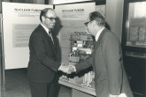 Ambassador Oleg Khlestov, Resident Representative of the former Soviet Union to the IAEA (right) shaking hands with Hans Blix, IAEA Director General (1981-1997), during the donation of the T-10 tokamak model.
T-10 tokamak was developed in the D.V. Efremov Research Institute for Electro-physical Apparatus under the scientific direction of the I.V. Kurchatov Institute for Nuclear Energy.
(IAEA Archives/Credit: IAEA)