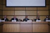 L.t.r.: Werner Burkart (IAEA Deputy Director General), Evgeny Velikhov (Chairperson of the ITER Council, Russia), Mohamed ElBaradei (IAEA Director General, 1997-2009), Masaji Yoshikawa (Chairperson of the ITER Management Advisory Committee, Japan), Din Dayal Sood (IAEA Director of the Division of Physical and Chemical Sciences).
(IAEA Archives/Credit: IAEA)