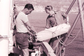 Scientists from the IAEA laboratories in Monaco collect samples of sea water and fresh plankton from the Mediterranean for studies about the effects of radioactivity on the sea and marine life. 1966. Please credit IAEA
