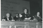 A scientific conference on the disposal of radioactive waste held in Monaco by IAEA and UNESCO. On the podium from left to right: William Sterling Cole (IAEA Director General), H.S.H. Prince Rainier of Monaco and Vittorino Veronese (UNESCO Director General). 1959. Please credit IAEA.