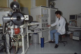 A Japanese expert mass spectrometrist measures the isotopic composition and elemental concentration of uranium in safeguards samples. 1993-1997. Please credit IAEA
