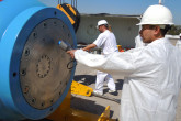 Gamma dose rate measurement on the Skoda VPVR/M spent fuel shipment container’s surface. (Photo: S. Tozser/IAEA)