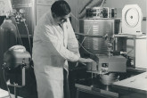 Staff member, Maurice Petel at the X-ray proportional counter in the lead house used for the standardization of electron capture nuclides.  April 1964. Please credit IAEA