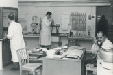 Laboratory at IAEA Headquarters in Vienna. Left to Right: Dr. Otto Suschny, Mr. Johannes Veselskyj and Professor Alexandre Sanielevici of the Division of Research and Laboratories.  2 February 1960. Please credit IAEA  