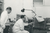 Professor Alexandre Sanielevici (left),  Dr. Erich Keroe (right), both of the Division of Research and Laboratories. 2 February 1960.  Please credit IAEA 