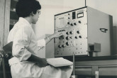 Daniella Harell, IAEA staff member, working on the multichannel analyser at the laboratory in Seibersdorf, near Vienna, Austria. April 1964. Please credit IAEA   