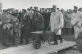William Sterling Cole, the first Director General of IAEA, pours the first load of concrete into the foundations of the new laboratory to inaugurate construction on 28 September 1959. The laboratory came into operation three years later. Please credit IAEA