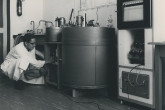 Automatic micro-calorimetric apparatus used to conduct studies on the contamination of the biosphere in the Standardization Section of the IAEA laboratory in Seibersdorf. August 1962.  Please credit IAEA