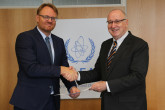 The new Resident Representative of  Denmark, René Dinesen (left), presented his credentials to Aldo Malavasi (right), IAEA Acting Director General and Head of the Department of Nuclear Sciences and Applications at the IAEA headquarters in Vienna, Austria, on 31 August 2018.