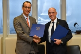 Cornel Feruta, IAEA Acting Director General and Carlos Rodriguez Galindo, MD, Executive Vice-President, Chair Global Pediatric Medicine, sign a Practical Arrangements document between the International Atomic Energy Agency and the St. Jude Children’s Research Hospital on Cooperation in the Area of Comprehensive Cancer Control at the Agency headquarters in Vienna, Austria on 18 October 2019