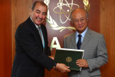 Presentation of credentials of the new Resident Representative of Algeria, H.E. Mr. Mohamed Benhocine, to IAEA Director General Yukiya Amano, IAEA, Vienna, Austria, 4 July 2012.
