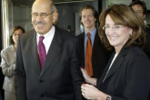 IAEA Director General Mohamed ElBaradei is congratulated by team workers after winning the Nobel Peace Prize Friday, October 7, 2005. The IAEA and its head, ElBaradei, won the 2005 Nobel Prize. (AP Photo/Rudi Blaha)